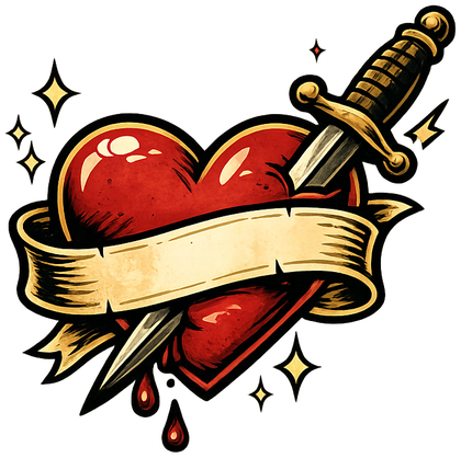 Corazón atravesado por una daga con listón, ilustración estilo tatuaje tradicional