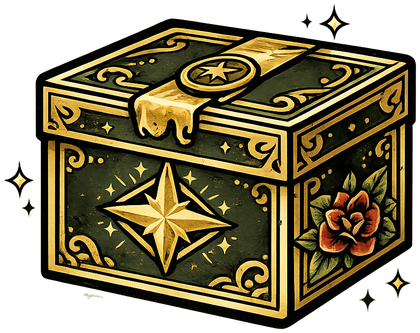 Caja sellada dorada y verde, ilustración estilo tatuaje tradicional