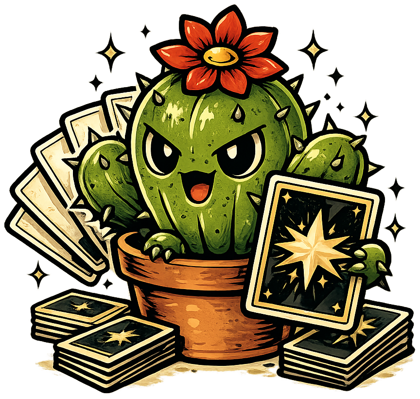 Mascota de Tinta Verde TCG: cactus con flor roja rodeado de cartas